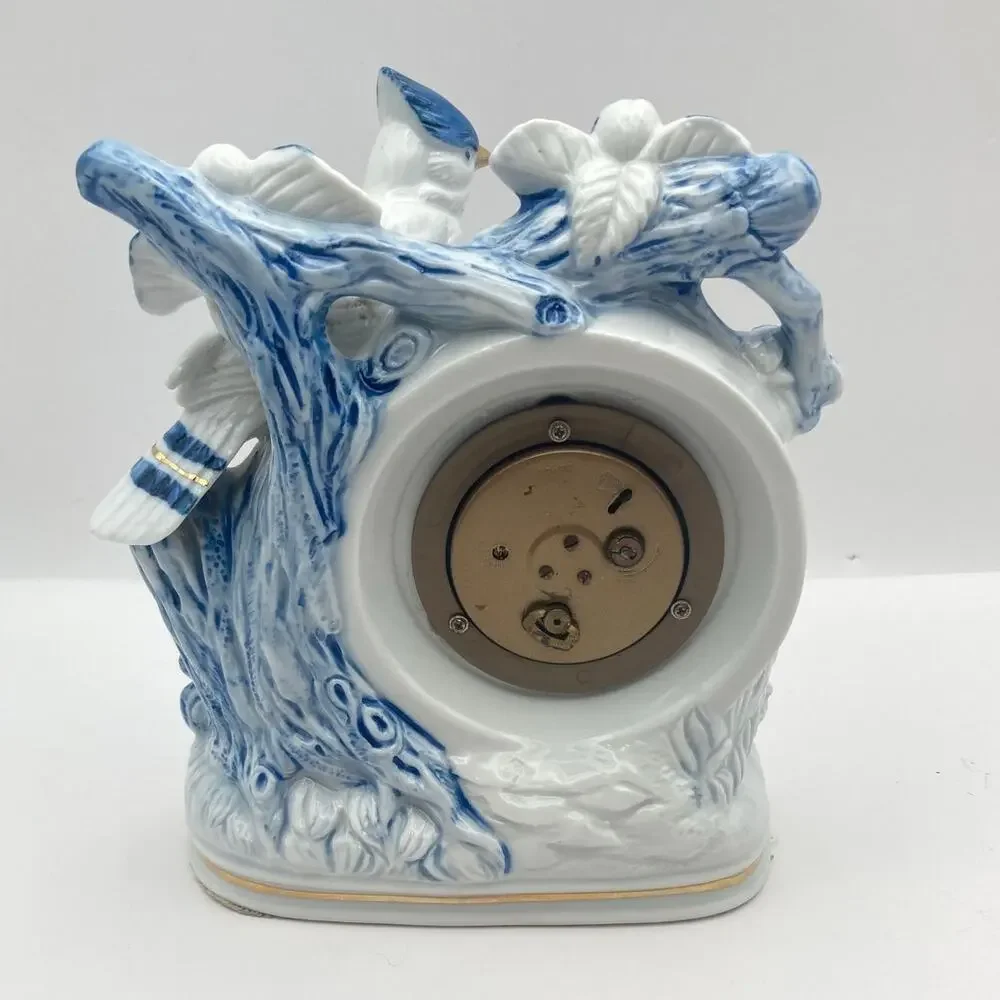 Vintage Linden Mechanical Mantle Alarm Clock Porcelain Blue Jay Gold Accents